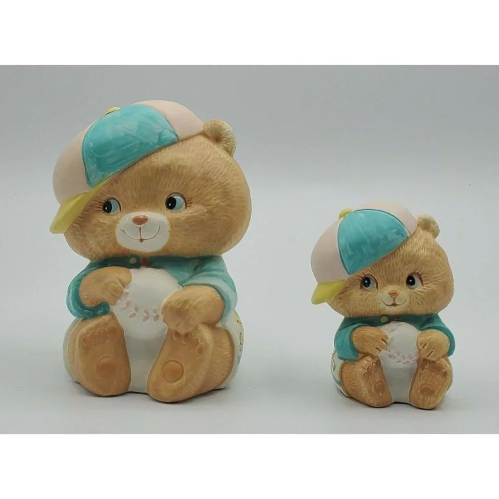 Vintage ENESCO Blue Baby Bears Baseball Caps Coin Bank & Figurine
